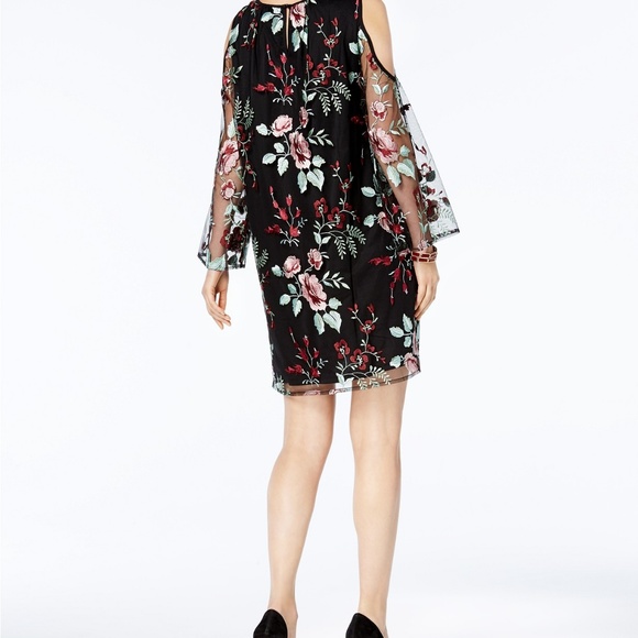 🌻 ECI Embroidered Cold-Shoulder Shift Dress - Picture 2 of 6